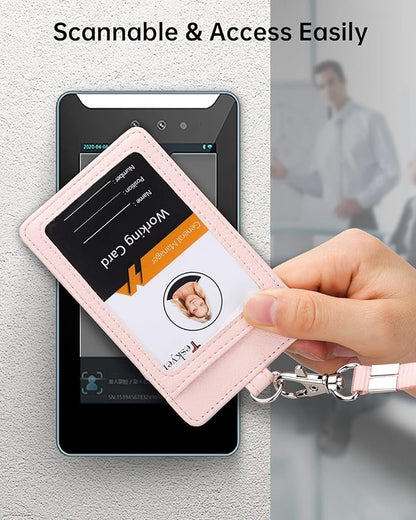 Teskyer Badge Holder with Lanyard, Leather ID Name Badge Card Holder with Lanyard for ID Badges, Vertical, Lychee Pattern Light Pink