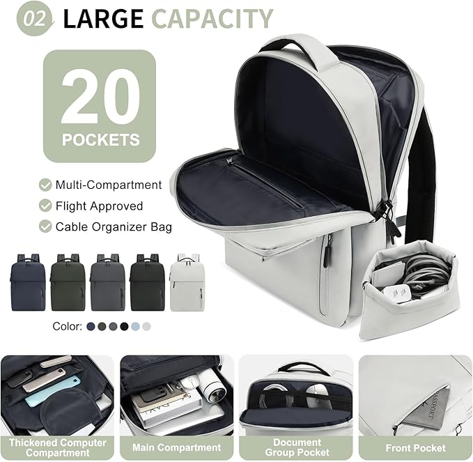 Lightweight Commute Backpack for Men & Women, Water-Resistant Travel Daypack with 15.6-Inch Laptop Compartment & Anti-Theft Pockets, Cloud Gray