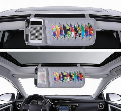 Visor CD Holder, Sun Visor CD Holder, Grey Car Visor CDs Holders with 12 Disc Sleeves 1 Mesh Pocket 1 Pen Holders & Elastic Strap