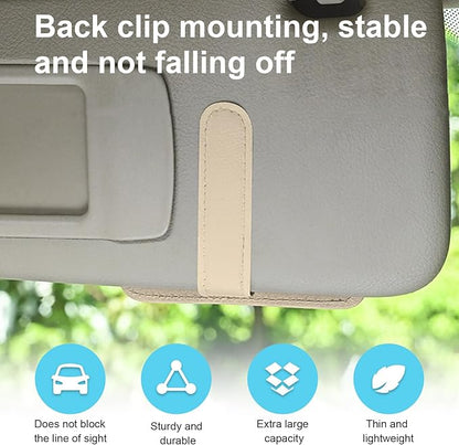 Dickno Small Leather Car Sun Visor Organizer, Multifunctional Auto Visor Document Holder with Sunglasses Clip, Universal Car Interior Organizer for Drving License, Card, Pen (Beige)