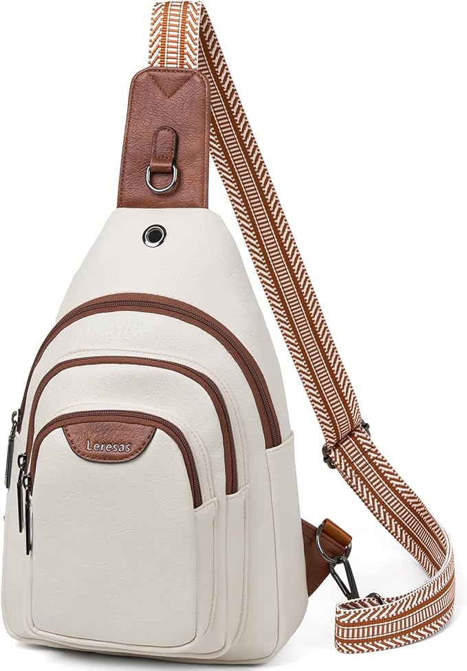 Leresas 10L Crossbody Sling Bag for Women Men Anti Theft Cross Body Fanny Pack Belt Bag Purse Gifts for Women Faux Leather, Beige Brown