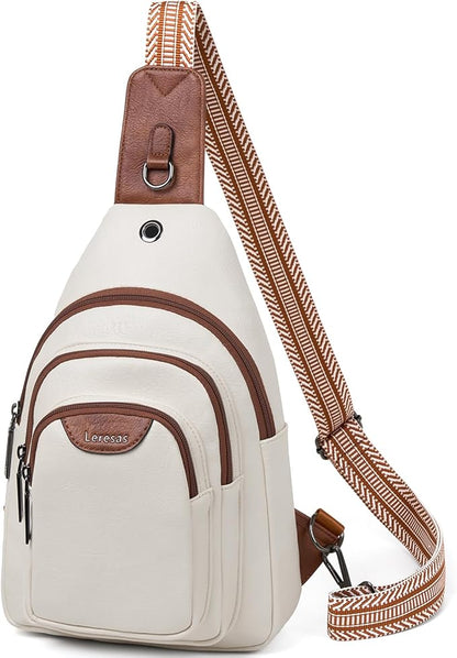 Leresas 10L Crossbody Sling Bag for Women Men Anti Theft Cross Body Fanny Pack Belt Bag Purse Gifts for Women Faux Leather, Beige Brown