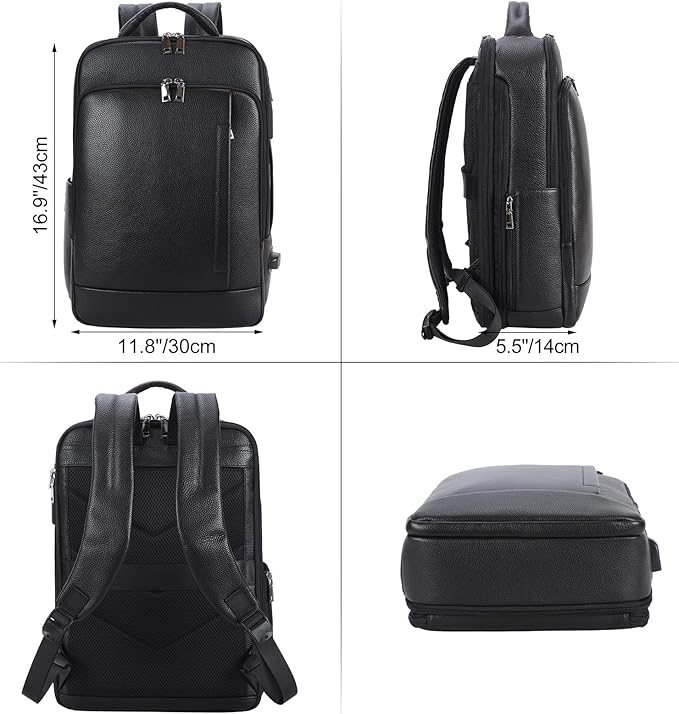 TIDING Men's Leather Business Backpack Fits 15.6 Inch Laptop, Expandable Office Work Casual Daypack with USB Charging Port