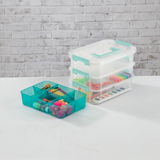 Sterilite 24 Pack Plastic Storage Box Container, 3 Layer, Stack and Carry, Clear/Blue