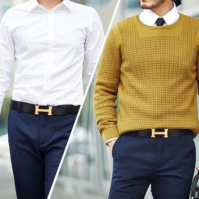 Aurolran Men&Womens Leather Dress Belt Business Automatic Buckle Belt Color-Black Silver Gold