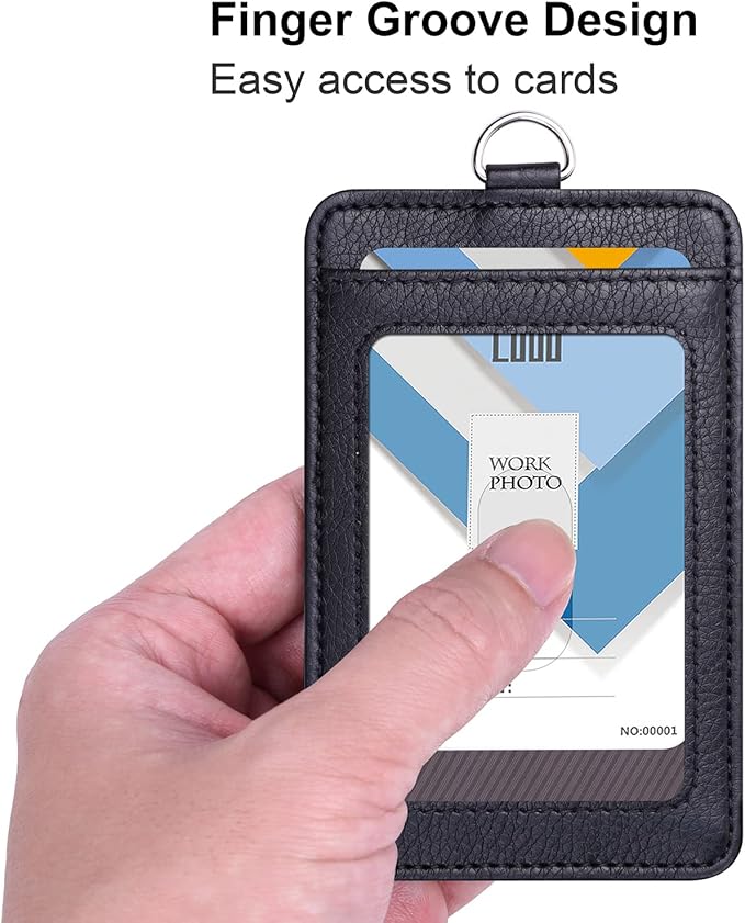 Wisdompro Badge Holder with Wrist Lanyard, 2-Sided PU Leather ID Card Holder Wallet Case with Wristlet Strap and Retractable Reel, Easy Swipe for Work, School, Metro and Access Card - Black