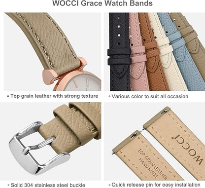 WOCCI 16mm Grace Watch Band for Ladies, Top Grain Leather, Quick Release Replacement Strap with Silver Buckle (Tea)