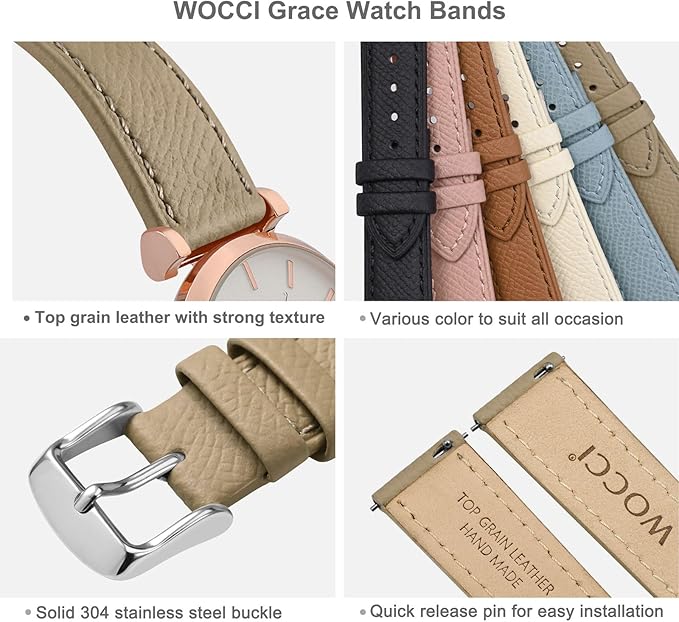 WOCCI 15mm Grace Leather Watch Band for Ladies, Top Grain Leather, Quick Release Replacement Strap with Silver Buckle (Tea)