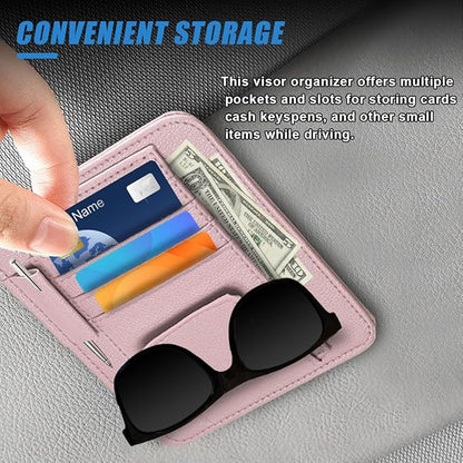 Small Leather Car Sun Visor Organizer - Multifunctional Car Interior Sunglass Holder Auto Visor Document Holder - Auto Card Sleeve Pocket Pouch Organizer for Driving License Registration Pen (Pink)