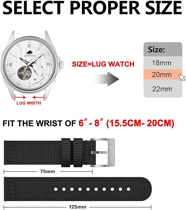 BISONSTRAP Men’s Nylon Watch Bands, Two-Piece Military Watch Straps, Quick Release, Brushed Buckle, Band Width 18mm 19mm 20mm 22mm