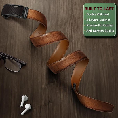 BULLIANT Mens Ratchet Belt,Leather Adjustable Slide Belt For Gift Mens Dress Casual 1 3/8",Size Adjustable