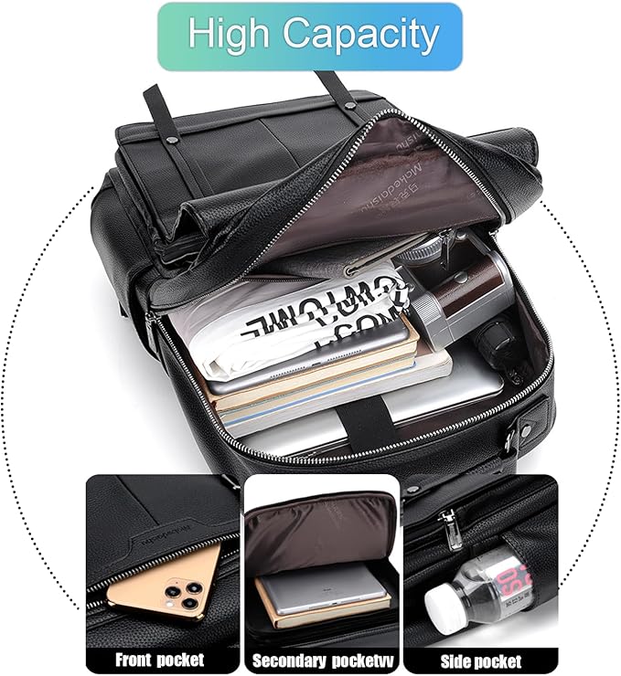 CHAO RAN Laptop Backpack for Men Leather Travel Backpack Carry on Flight Approved-Waterproof Medium Backpack Fit 15.6 Inch Notebook for College Business Office Bag with USB Charging Port (Black10)