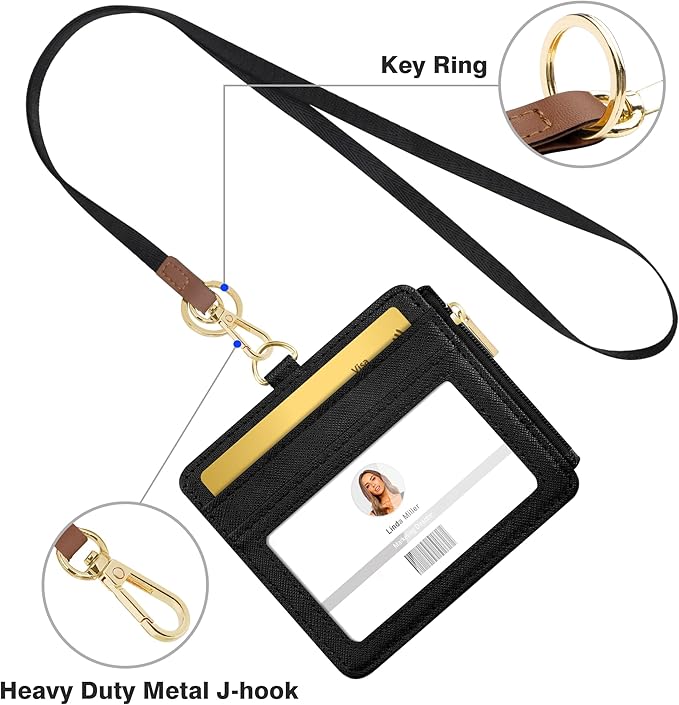 ID Badge Holder with Lanyard, Horizontal PU Leather ID Badge Card Holder with 1 Clear ID Window, 4 Credit Card Slots and a Detachable Neck Lanyard (Horizontal - Black)