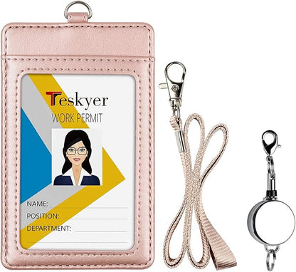 Teskyer Leather Badge Holder with Lanyard and Badge Reel, Retractable Lanyard ID Card Holder for Office School Name Work IDs, Rose Gold