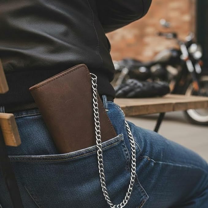 CLASSIC Motorcycle Chain Wallet for Men – Premium Cowhide Leather, RFID Bi-Fold Biker Wallet with Heavy Duty ChainBikers Truckers & Hunters, Credit Card Money Organizer Long Wallet Crazy Horse Brown