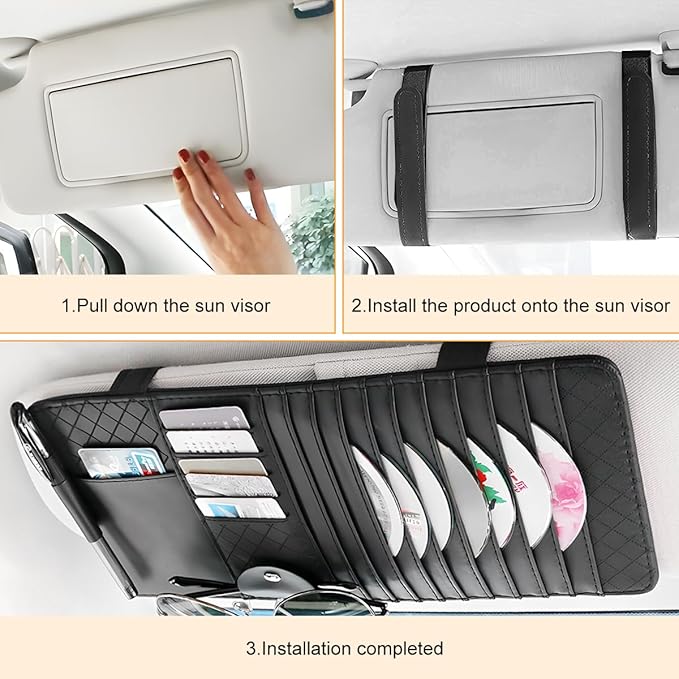 Zpana Car Sun Visor CD Case Holder, Multi-Function Vehicle DVD Eyeglass Organizer Clip with 10 DVD Storage Sleeves, Automotive Card Slots & Pen Holder Bag, Universal for SUV RV Truck (Black)