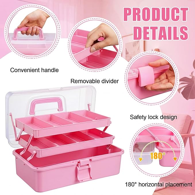 2 Pcs 13 Inch 3-layer Multipurpose Craft Organizers Storage Portable Plastic Tackle Box with Adjustable Spacers and Handled Folding Art Craft Case for Sewing Art Supply Medicine (Pink)