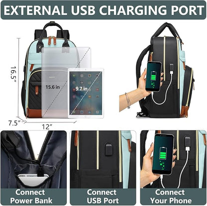 Laptop Backpack for Women Work Bookbag: 15.6 Inch College Backpacks with USB Charger School Bag Waterproof Travel Computer Back Pack Anti-Theft Casual Bookbags for Girls Teacher Nurse Black-Light-Blue