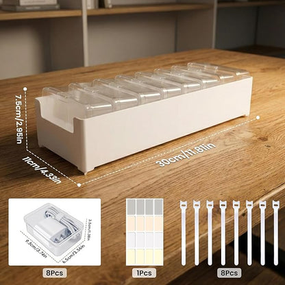8 Individual Cable Organizer Boxes With Base, Cord Storage Organizer With Labels And Cable Straps For Charging Cables, Adapters, Earphones And Small Electronic Accessories
