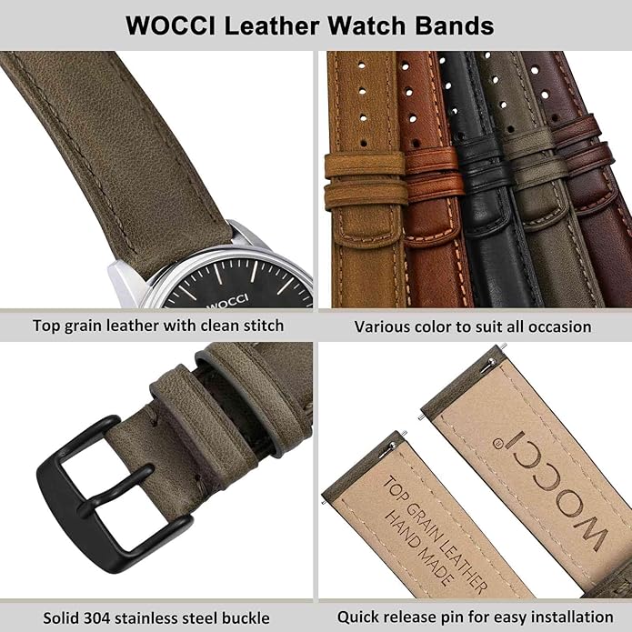 WOCCI Quick Release Watch Band, Distressed Genuine Leather, Stainless Steel Buckle, Strap Width 18mm 19mm 20mm 22mm 24mm