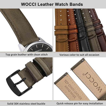 WOCCI Quick Release Watch Band, Distressed Genuine Leather, Stainless Steel Buckle, Strap Width 18mm 19mm 20mm 22mm 24mm