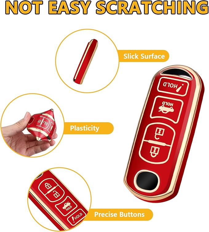 FT FUNTOR for Mazda Key Fob Cover,4 Buttons TPU Key Cover with Golden Edge,Compatible with Mazda 3 6 8 CX-3 CX-5 CX-7 CX-9 Atenza Miata MX-5 with Keychain (A-Red)