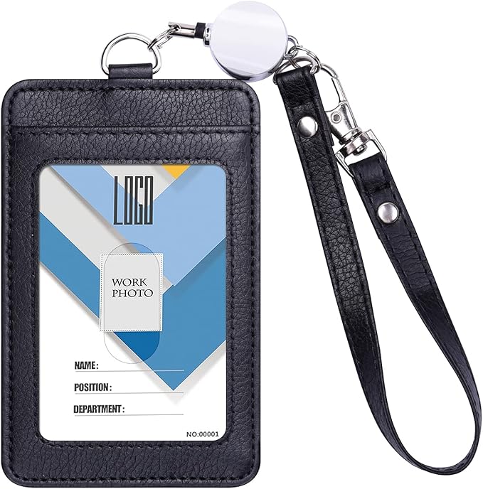 Wisdompro Badge Holder with Wrist Lanyard, 2-Sided PU Leather ID Card Holder Wallet Case with Wristlet Strap and Retractable Reel, Easy Swipe for Work, School, Metro and Access Card - Black