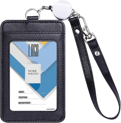 Wisdompro Badge Holder with Wrist Lanyard, 2-Sided PU Leather ID Card Holder Wallet Case with Wristlet Strap and Retractable Reel, Easy Swipe for Work, School, Metro and Access Card - Black