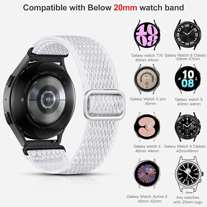 Lerobo Elastic Bands Compatible with Samsung Galaxy Watch 8 7 6 5 4 40mm 44mm/Galaxy Watch 8 Classic 6 4 Classic 43mm 47mm 42mm 46mm/5 Pro Band 45mm/Active 2,3 Pack 20mm Adjustable Nylon Sport Band