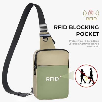 VADOO Sling Bag, Crossbody Bags with RFID & Water Resistant for Women and Men Small Faux Leather Chest Bag for Travel, Khaki
