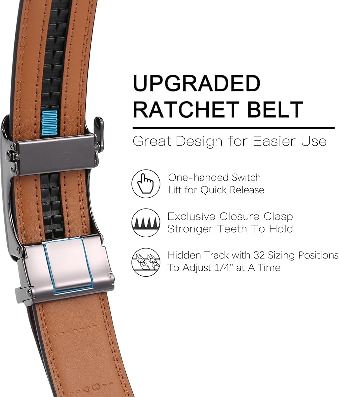 GAEKEAO Mens Belt Leather Micro-Adjust Buckle Ratchet Belts for Men Dress Casual to Formal Trim to Fit with Gift Box (35mm)