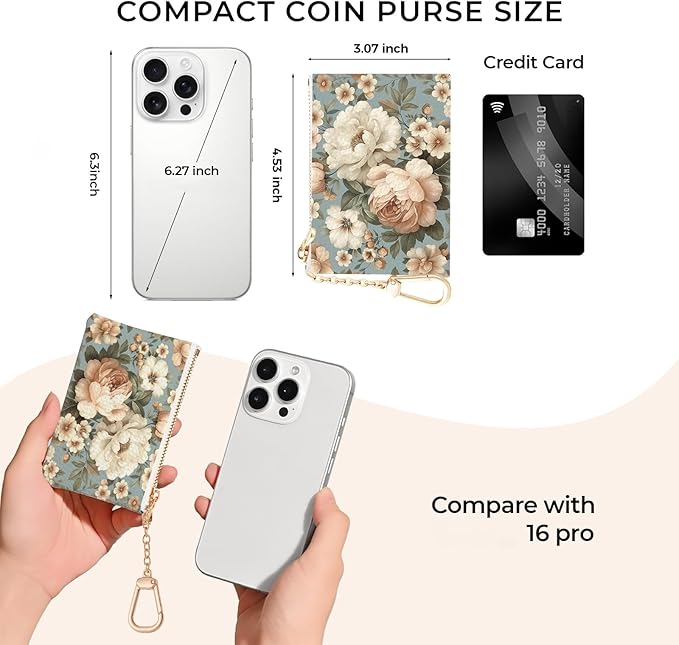 Vintage White Peony Floral Flowers Keychain Coin Purse for Women, Small PU Leather Change Pouch, Zipper Little Tiny Travel Wallet for Girls, Cute Kawaii Zip Pocket Coin Holder with Key Ring