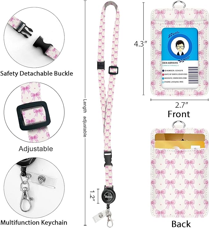 bolimoss Pink Bow Badge Holders, Cute PU Leather ID Card Name Bdge Holder with Detachable Neck Lanyard Strap and Retractable Badge Reel Metal Clip Sturdy Buckle for Key Wallet