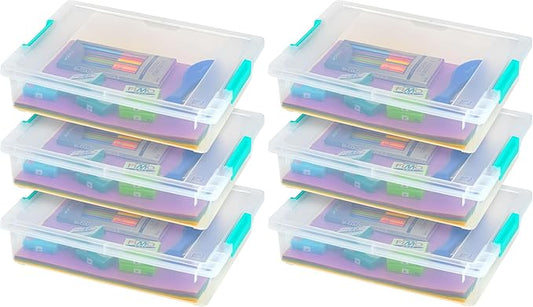 IRIS USA 6 Qt. Craft Storage Bins with Lids, 6-Pack, |Made in USA|, Clip Box, Small Plastic Sensory Bin Tote Organizer Containers for Art Supplies, Paper, & Office, Stackable - Clear/Seafoam Blue
