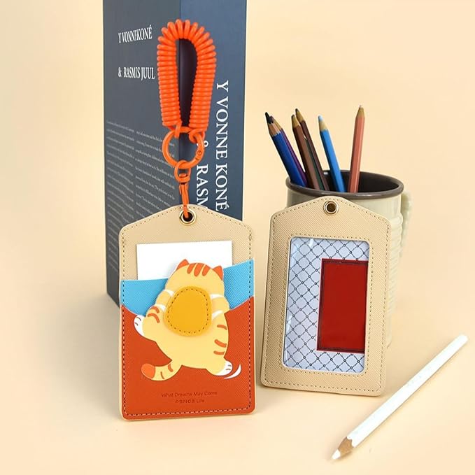 ID Badge Holder with Keychain, 3 Card Slots Cartoon Animal Cute Badge Holder for Professionals, Teacher, Nurse Officer and Students Women Girls Boys (Cat)