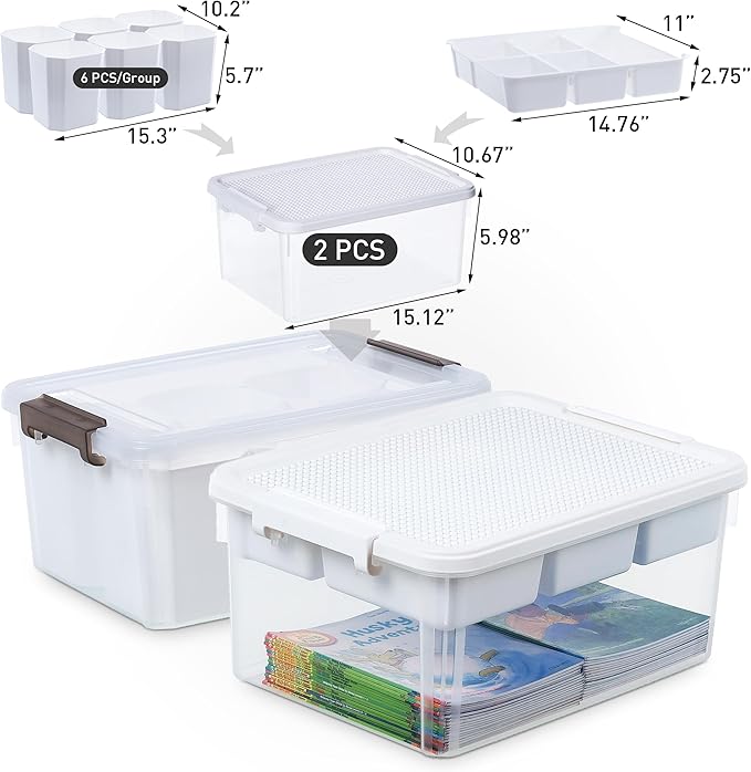 Citylife 17 QT Plastic Storage Box with Removable and 6 Detachable Inserts, Clear White