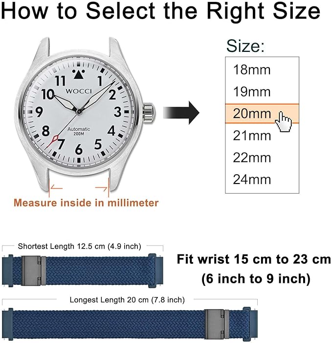 WOCCI 22mm Braided Nylon Watch Band for Men and Women, Quick Release, Black Stainless Steel Buckle (Blue)
