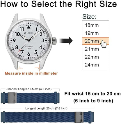 WOCCI 19mm Braided Nylon Watch Band for Men and Women, Quick Release, Black Stainless Steel Buckle (Blue)