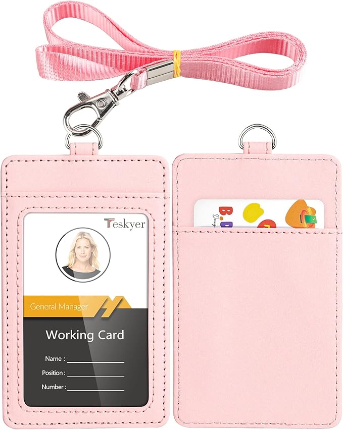 Teskyer Badge Holder with Lanyard, Leather ID Name Badge Card Holder with Lanyard for ID Badges, Vertical, Starry Pink