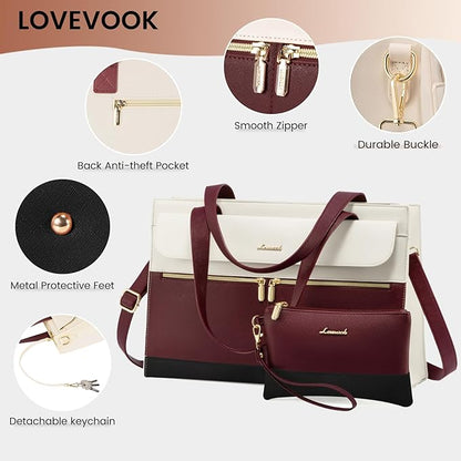 LOVEVOOK Laptop Tote - 15.6 Inch Professional Leather Computer Briefcase - Waterproof Shoulder Bag - Large Capacity Business Teacher Office Bag - Crossbody Purse