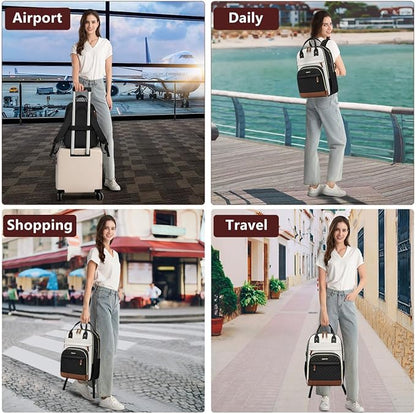 Laptop Backpack for Women College Bookbag - 17.3 Inch Fashion Travel Work Bag with USB Charger Anti-theft Business Backpacks for Nurse Teacher Beige Black Brown