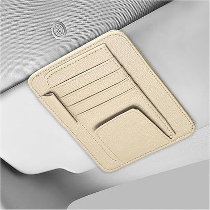 Small Leather Car Sun Visor Organizer, Auto Visor Pouch Card Sleeve Pocket with Sunglasses Clip, Multifunctional Sunvisor Wallet Holder for Driving License Pen Tickets (Beige)