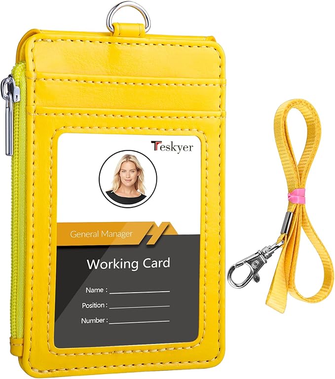 Teskyer Badge Holder with Side Zip Pocket, Multiple Card Slots Leather ID Holder Wallet with Neck Lanyard for Office Staffs, Teachers/Students, Workers, Cruise Cards, Bus/Metro Cards, Bright Yellow