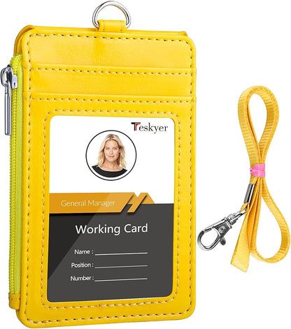 Teskyer Badge Holder with Side Zip Pocket, Multiple Card Slots Leather ID Holder Wallet with Neck Lanyard for Office Staffs, Teachers/Students, Workers, Cruise Cards, Bus/Metro Cards, Bright Yellow