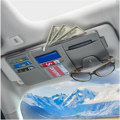 XINLIYA Car Sun Visor Organizer, Leather Storage Pocket Sun Visor Pouch with Zipper for Cards License Registration Pen Glasses Document, Fits Most Car SUV, Auto Interior Accessories (Gray)