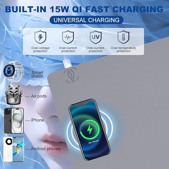 Desk Mat with Wireless Charging, Grey Mouse Pad with Wireless Charger, Desk Pad Matt for Desktop, Mousepad Gaming Large Mouse Pad, Leather Compute for Keyboard and Mouse, 32" x 16"