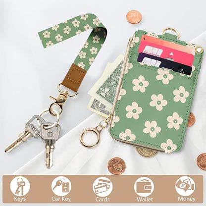 bolimoss Groovy Flowers Lanyard with ID Holder for Women Teacher, Cute Floral ID Badge Holder with Neck Lanyard ID Badge Wallet Case with 1 ID Window, 5 Card Slots, 1 Side Zipper Pocket, Ring Keychain