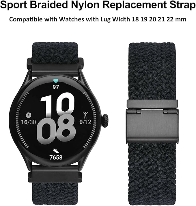 WOCCI 16mm Braided Nylon Watch Band for Men and Women, Quick Release, Black Stainless Steel Buckle (Black)