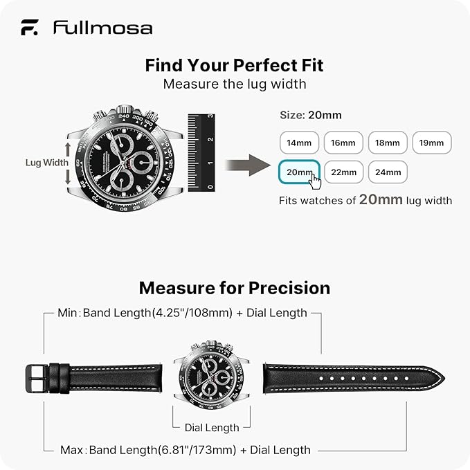 12 Colors for Quick Release Leather Watch Band, Fullmosa Axus Genuine Leather Watch Strap Women Men 14mm, 16mm, 18mm, 19mm, 20mm, 22mm or 24mm (choose the proper size), Black+black buckle, Classic