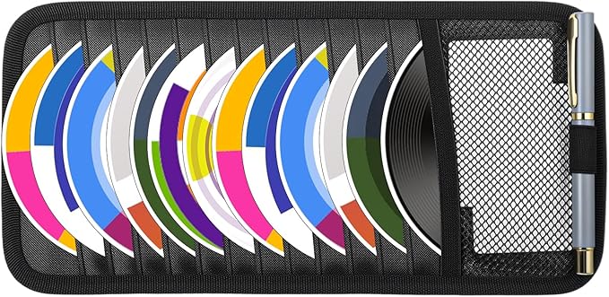 TIESOME CD Visor Holder for Car, Visor CD Holder Organizer Large Capacity CD Visor Case Car Sun Visor Organizer with 12 DVD Storage Sleeves 1 Mesh Pocket 1 Pen Holder and Elastic Strap(Black)